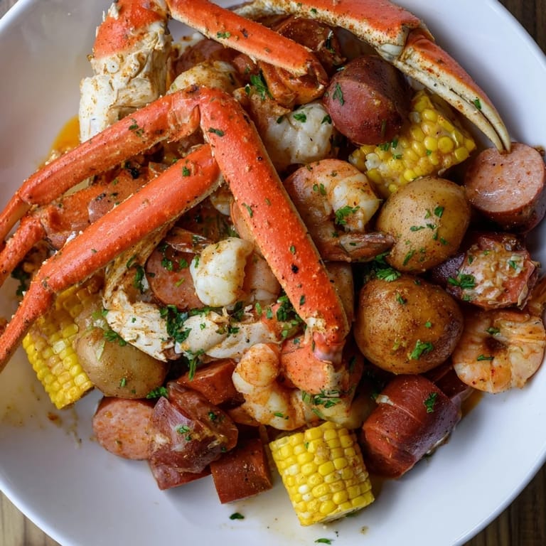 Colorful seafood boil featuring crab legs, shrimp, sausage, corn, and potatoes.  