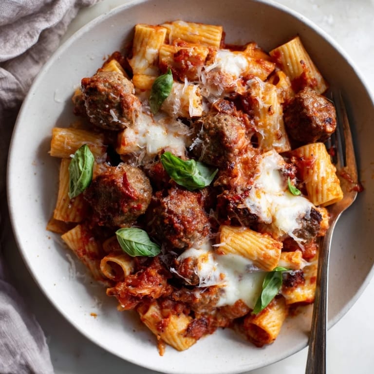 Deliciously cheesy Italian Meatball Pasta Skillet, perfect for a family dinner gathering.