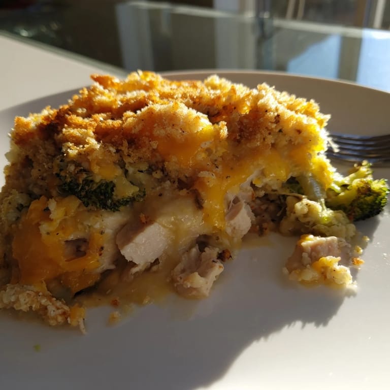 Savory Chicken & Broccoli Cheddar Bake, a comforting casserole with rich flavors and textures.