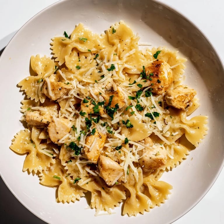Enjoy the rich flavors of this Mozzarella Garlic Butter Chicken Bowties, creamy pasta topped with parsley.