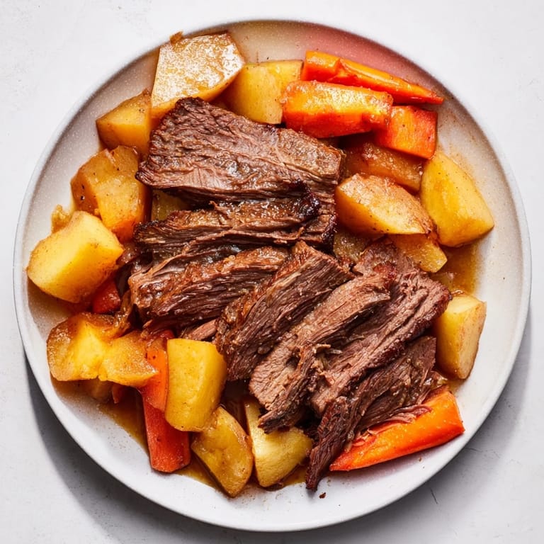 Close-up of a flavorful Sunday pot roast with roasted veggies, glistening with rich gravy.