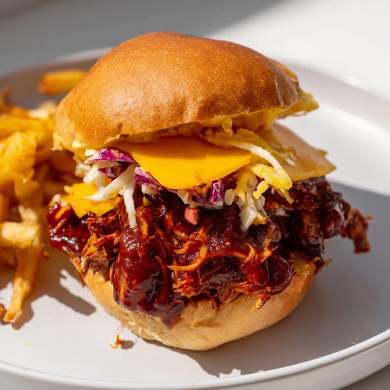 Close-up of juicy BBQ Chicken Sliders, cheese melting, served with a pile of seasoned, golden fries.