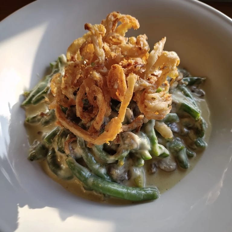 A comforting, creamy Old-School Green Bean Casserole, a classic American side dish with vegetables and crispy fried onions.