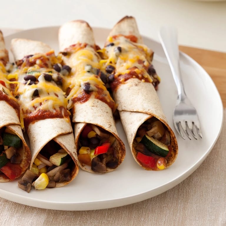 A close-up shot of baked Farmers Market Vegetarian Enchiladas, ready to be served.
