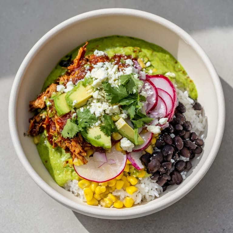 A close-up of a vibrant Green Enchilada Rice Bowl, showcasing the fluffy rice and zesty enchilada sauce.
