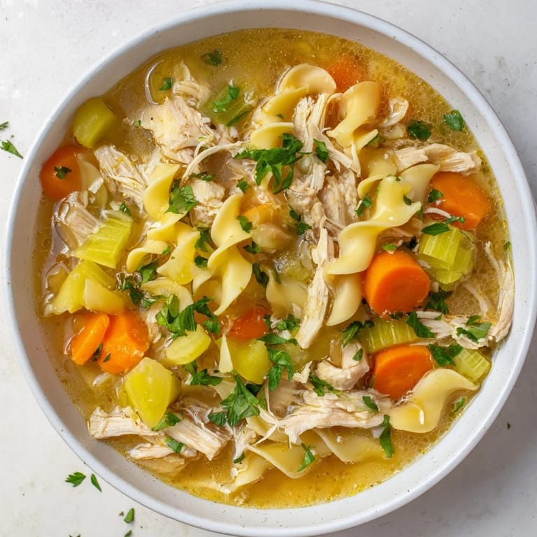 Hearty homemade chicken noodle soup, a classic comforting American meal, perfect for a cold evening.