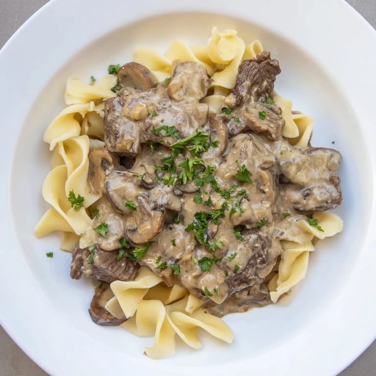Bowl filled with hearty creamy mushroom beef stroganoff, perfect for a cozy, delicious dinner.