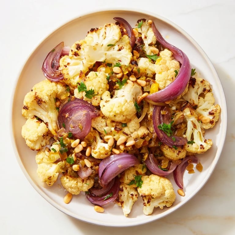 Freshly tossed Warm Roasted Cauliflower & Lemon Pine-Nut Dressing Salad, a Mediterranean delight perfect for lunch.