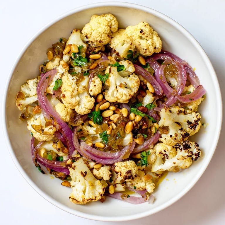 Vibrant Warm Roasted Cauliflower & Lemon Pine-Nut Dressing Salad, ready to serve with toasted pine nuts.