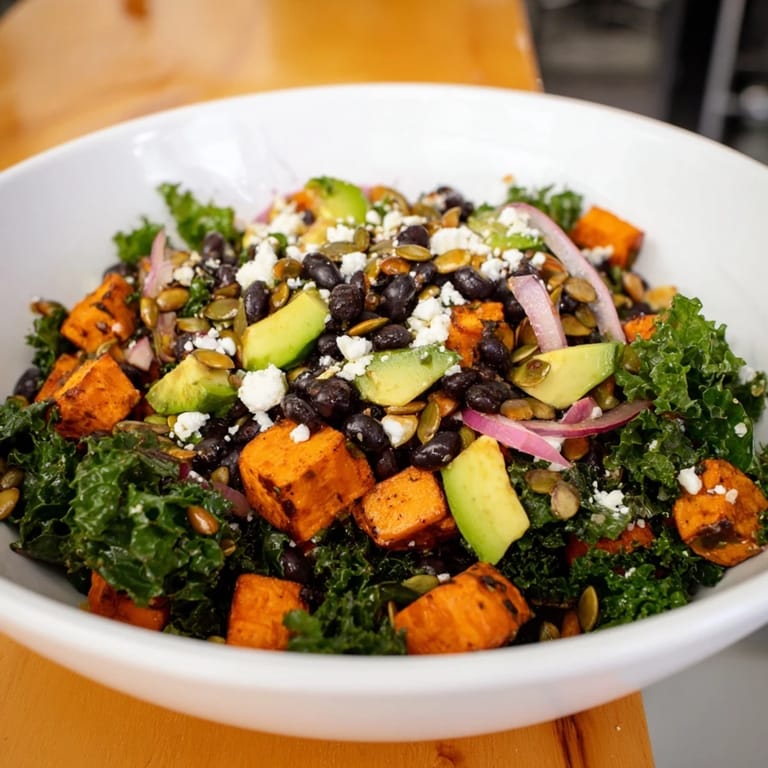 Savory Massaged Kale Salad with Black Beans & Sweet Potato, topped with pumpkin seeds for crunch.