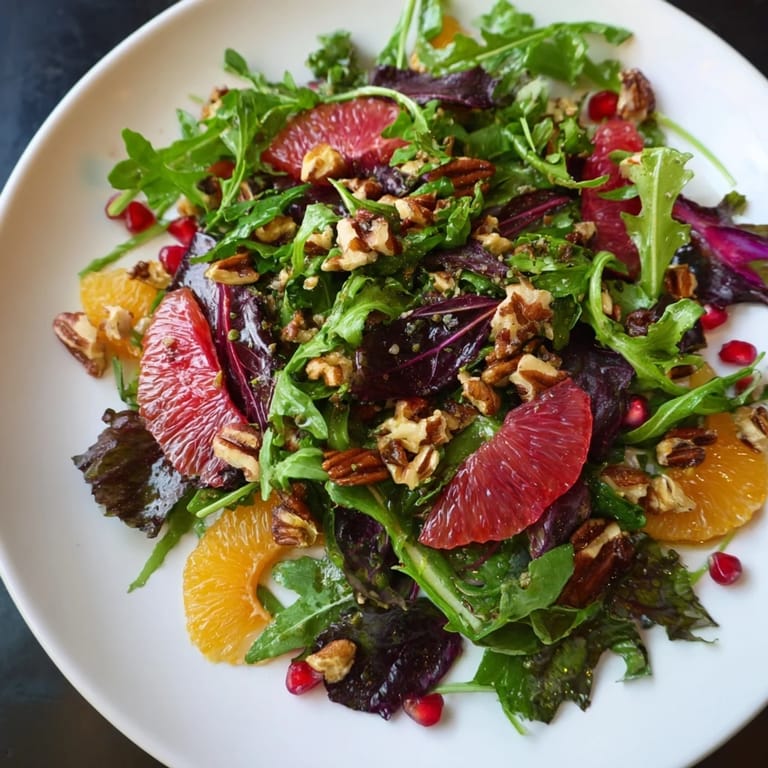 Bright, refreshing Winter Greens Salad with citrus and crunchy toasted nuts, perfect for lunch.