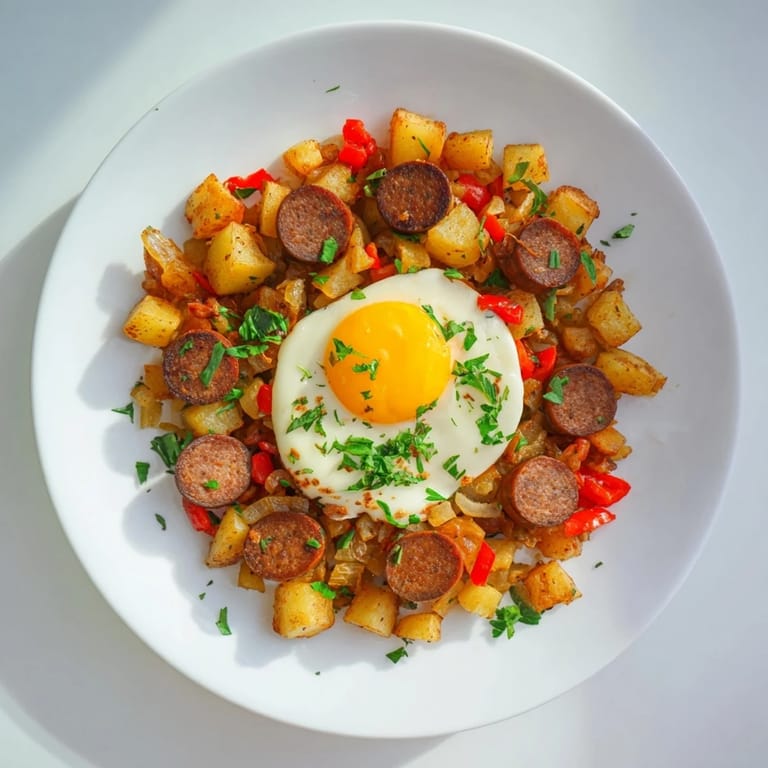 Enjoy the delicious Egg & Potato Hash featuring hot dogs, perfectly cooked eggs, and crispy potatoes ready to eat.