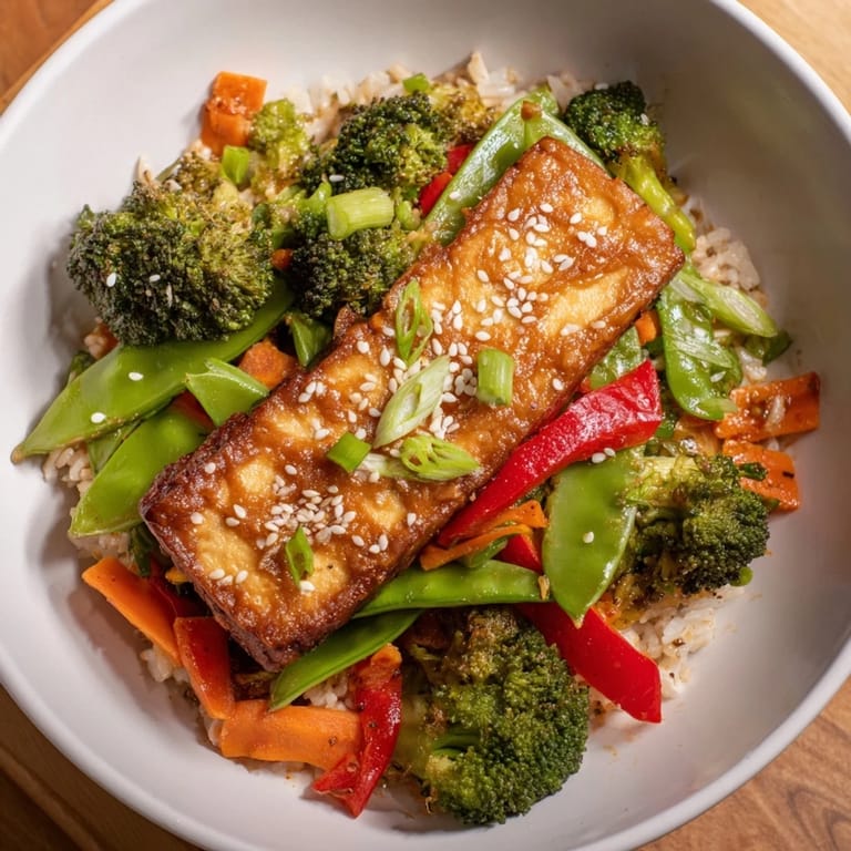 A delicious plate of Pressed Tofu Steaks features crispy tofu and colorful stir-fried vegetables, ready to eat.