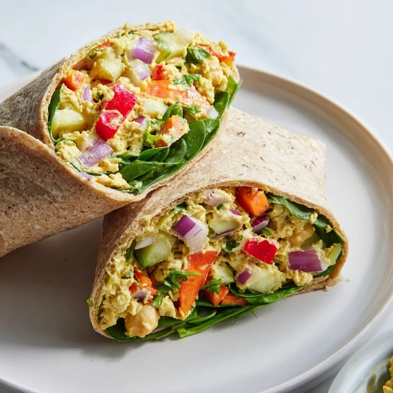 A close-up of a flavorful chickpea salad wrap, showcasing a healthy lunch meal.