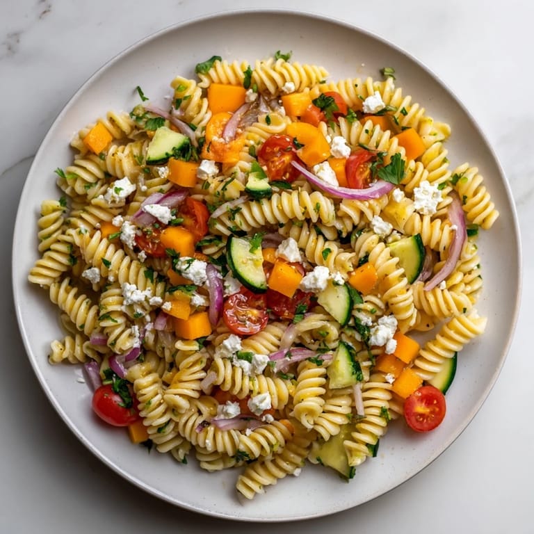 A bright, refreshing pasta salad featuring a medley of seasonal vegetables and delicious dressing.