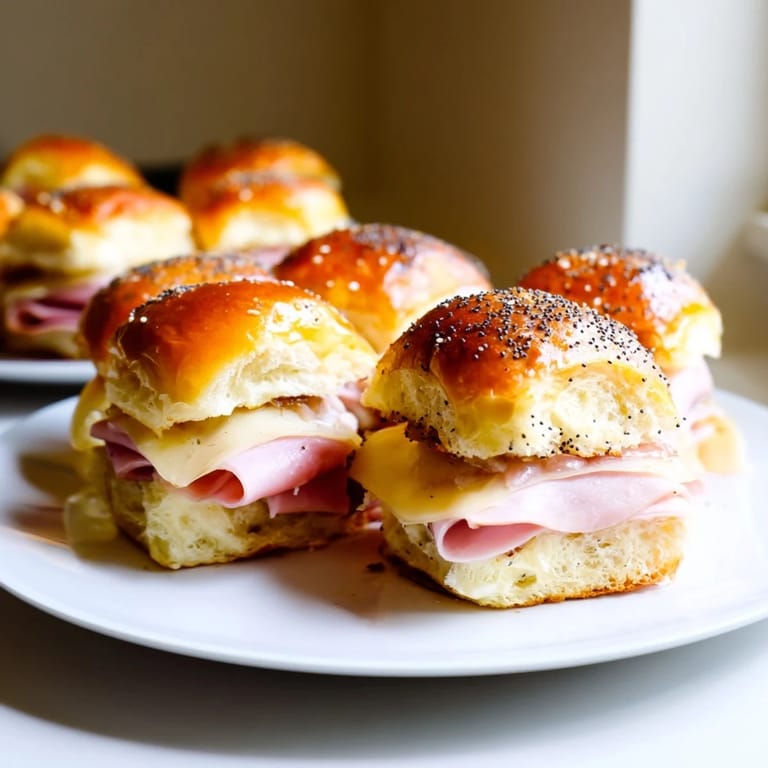 Savory Baked Ham and Cheese Party Sliders, with melted cheese and a hint of onion.