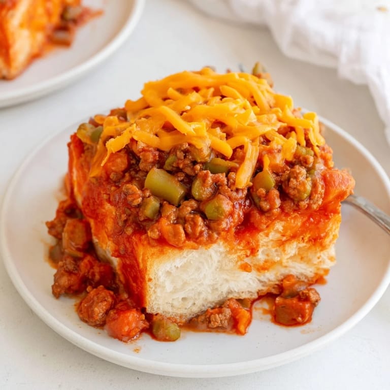 A close-up shot of the cheesy, savory 5-Ingredient Sloppy Joe Casserole, ready to be served.