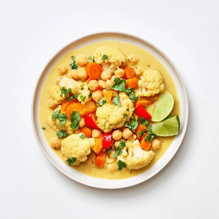 Close-up of a creamy curried cauliflower and chickpea coconut stew, bubbling gently and rich with spices.