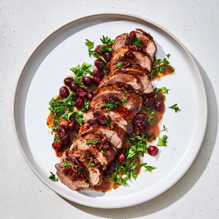 A close-up shot of perfectly cooked Tart Cherry Date Pork Tenderloin, ready for a delicious dinner.