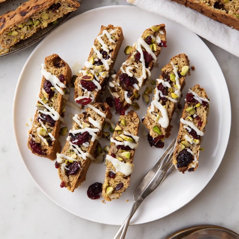 A stack of White Chocolate Cranberry Pistachio Biscotti, perfectly baked and dotted with colorful inclusions.