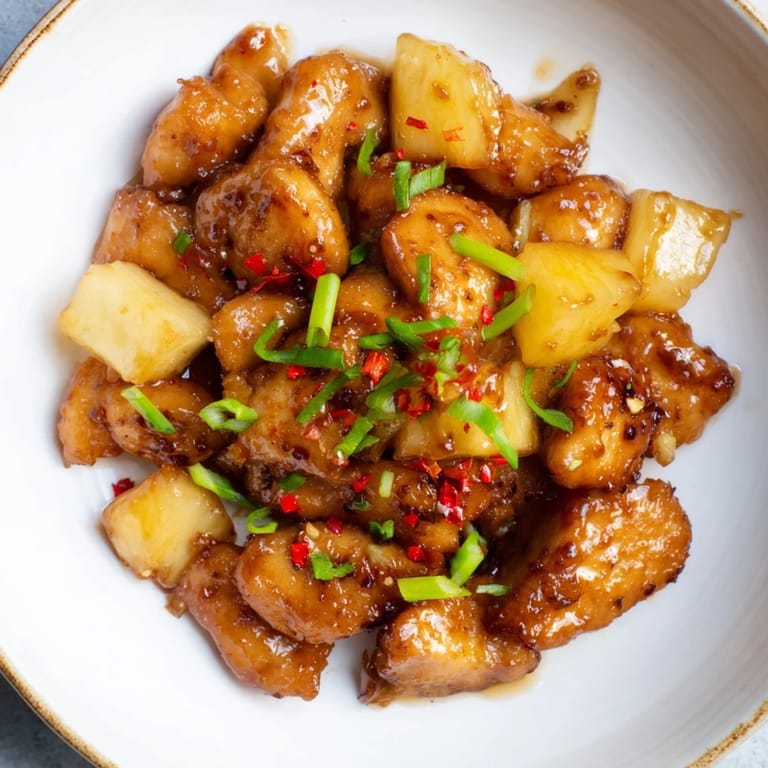 Tender chicken and pineapple baked in a sweet soy sauce with brown sugar, a flavorful weeknight meal.