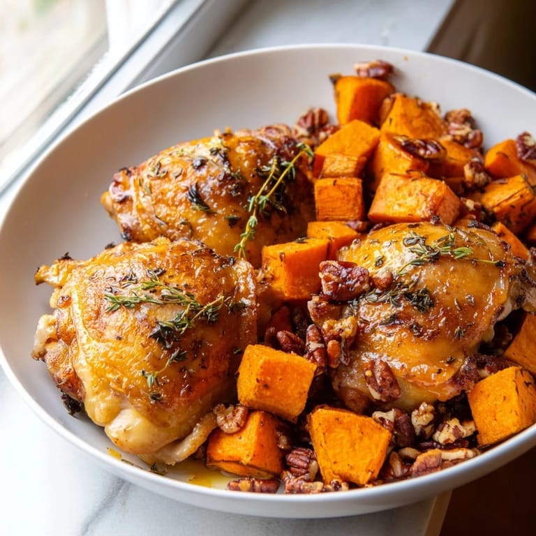 Savory maple glazed chicken thighs and sweetly caramelized sweet potatoes, a flavorful one-pan meal.