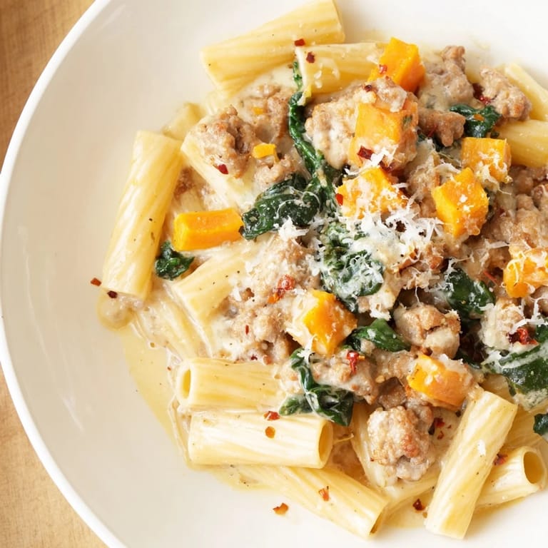 Close-up of hearty creamy rigatoni with butternut squash offering a taste of Italian comfort food.