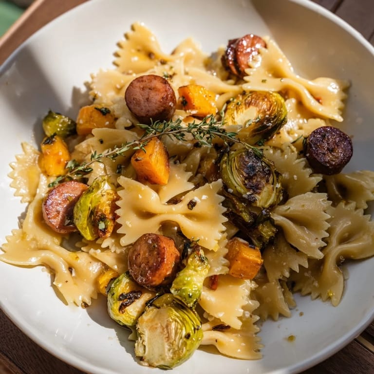 Close-up view of Autumn Sausage Pasta Squash, beautifully garnished and ready to serve for dinner.