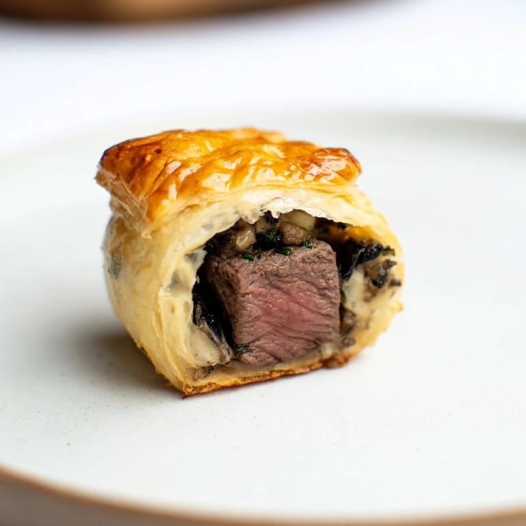 Close-up of baked Christmas Beef Wellington Bites, featuring tender beef wrapped in perfect golden pastry crusts.