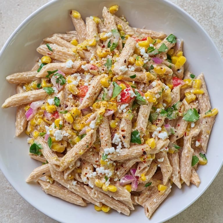 Creamy Greek yogurt coats the whole wheat pasta in this flavorful Healthier Mexican Street Corn Pasta Salad.