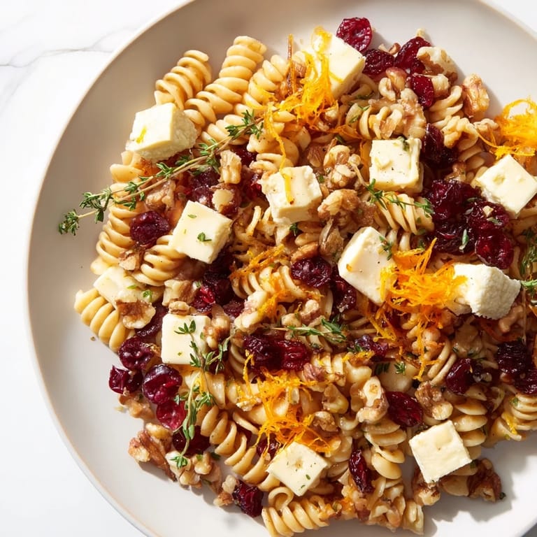 Golden-brown Baked Brie & Cranberry Pasta, tossed with toasted walnuts and fresh herbs, ready to serve.