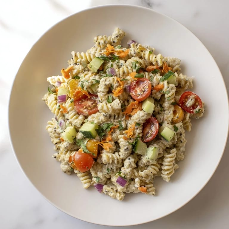 Cool, refreshing Vegan Hemp Seed Ranch Pasta Salad, with visible colorful vegetables tossed in a creamy ranch.