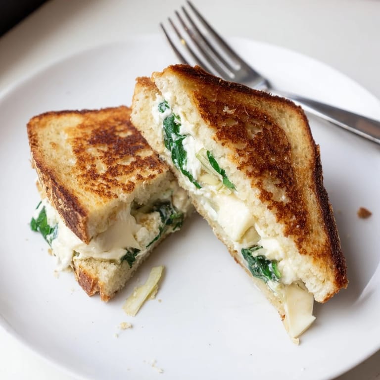 Inside the image is a close-up of Air Fryer Spinach & Artichoke Dip Grilled Cheese, with oozing melted cheese.