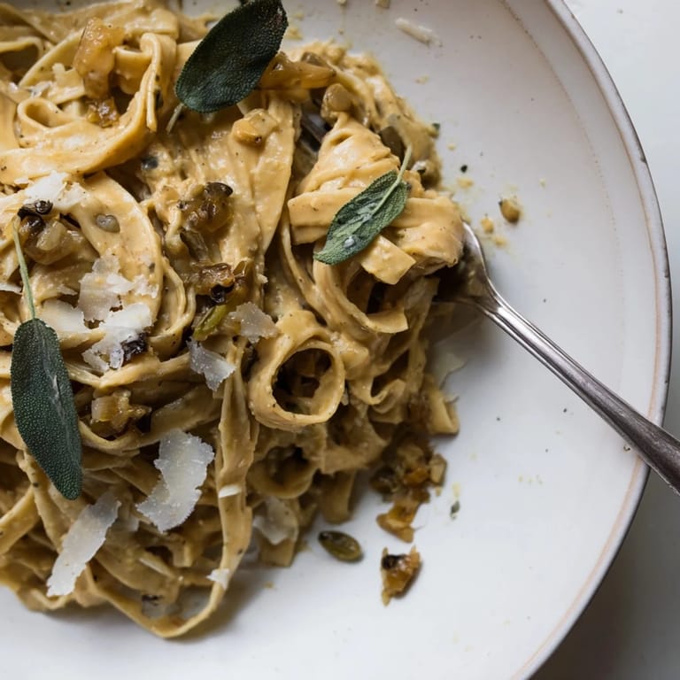 Enjoy a bowl of Healthy Creamy Pumpkin Sage Holiday Pasta, garnished with fresh sage and Parmesan cheese.