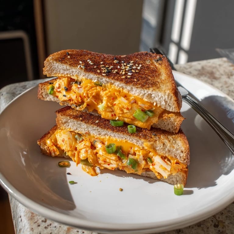 A close-up view of the perfectly toasted Skillet Kimchi & Cheddar Fusion Grilled Cheese, served with a crispy exterior.