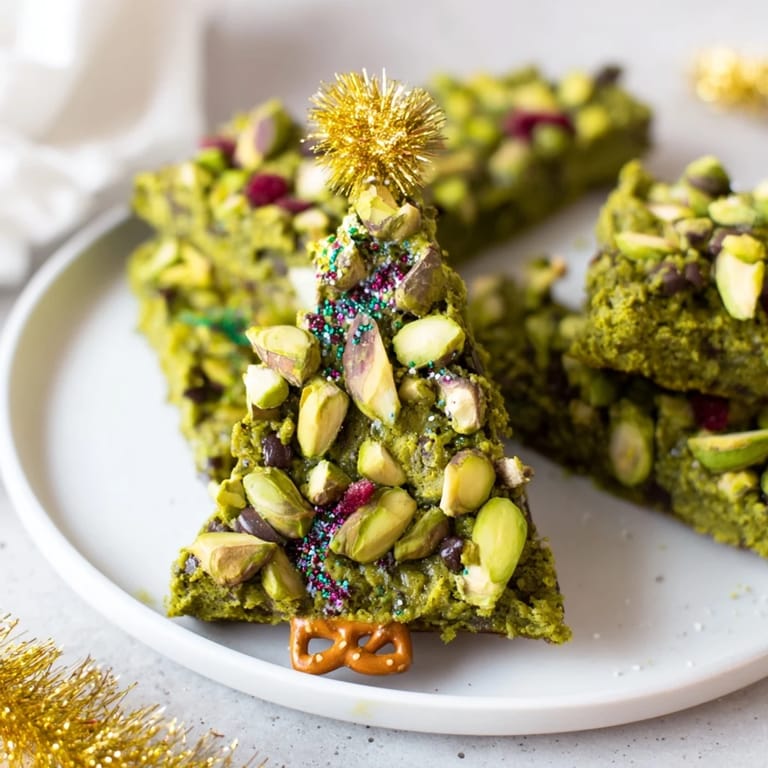 Chewy Matcha Pistachio Christmas Tree Blondie Bars, offering a delightful combination of earthy matcha and crunchy nuts on display.