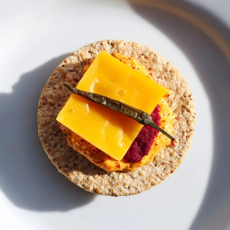 Golden cheddar melts atop whole wheat crackers, forming the base of these fun Santa's Belt Crackers with dip.