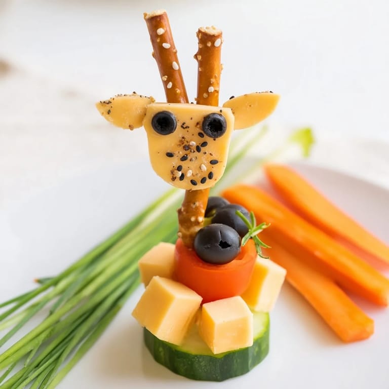 Stacking the Long-Necked Giraffe Snack Tower: A close-up of colorful, whimsical veggie and cheese snack creations.