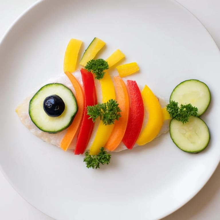 A baked Light Fish-Shaped Meal, a fishy delight with vibrant bell peppers and zucchini scales.