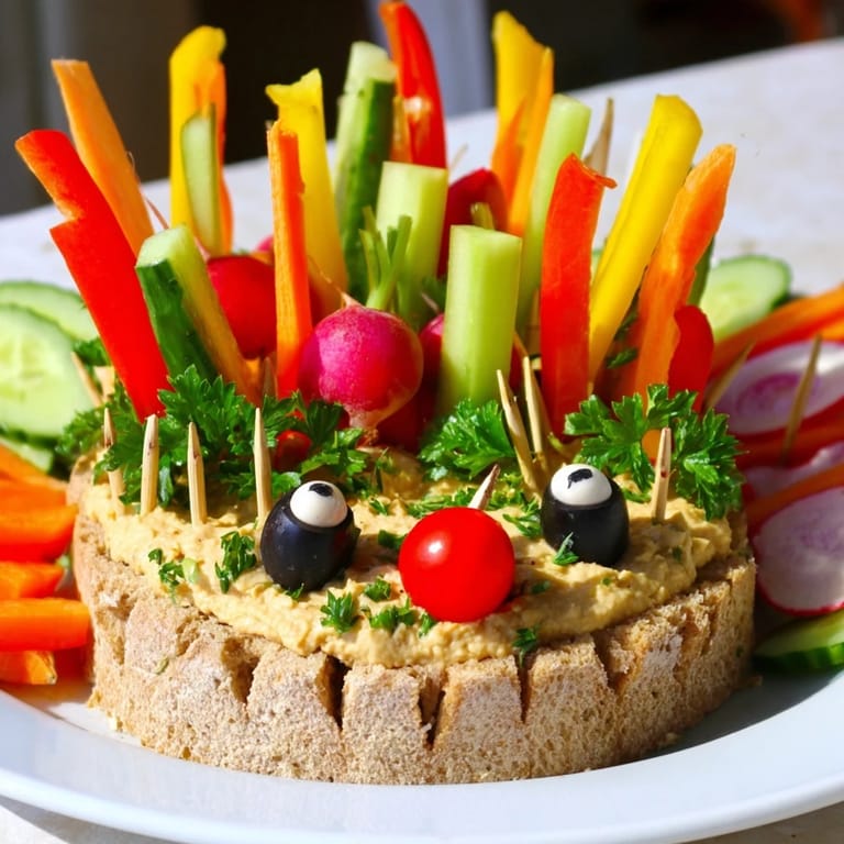 Appetizing Autumn Hedgehog Dip, a visually stunning appetizer with a bread base loaded with colorful vegetables.