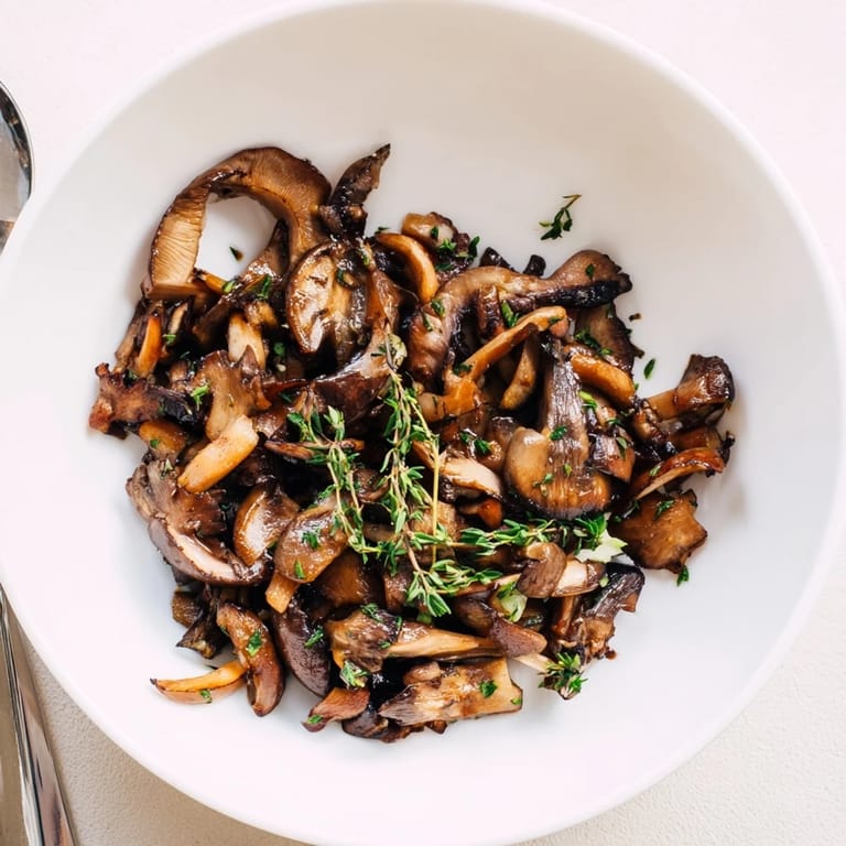 Warm, appetizing plate of Enchanted Forest Mushrooms; a delicious vegetarian dish, garnished with fresh chives.