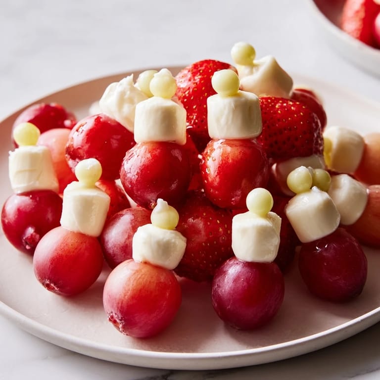 Vibrant photo of a Santa Hat Fruit and Cheese Platter, showcasing festive appetizer with mozzarella and fresh fruit.