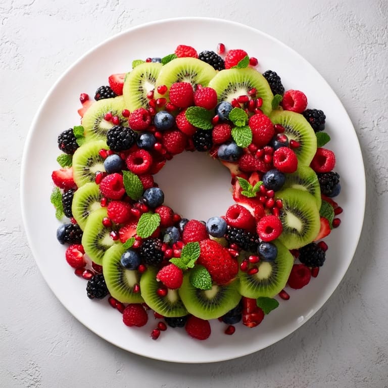 A close-up of the fruit plate: kiwi and berry holiday wreath, perfectly arranged for festive snacking occasions.