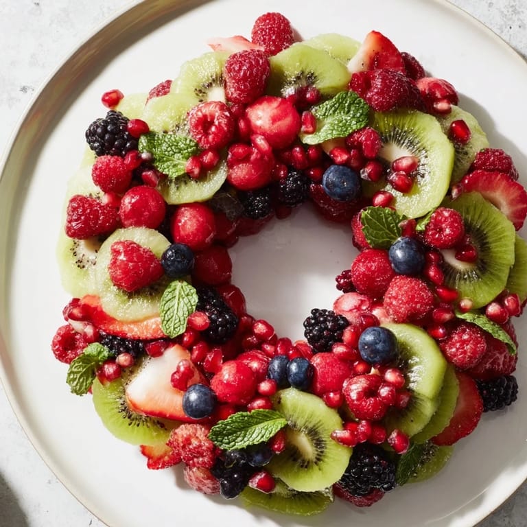 Fresh berries and kiwi create a stunning, healthy fruit plate holiday wreath—ideal for a party platter.