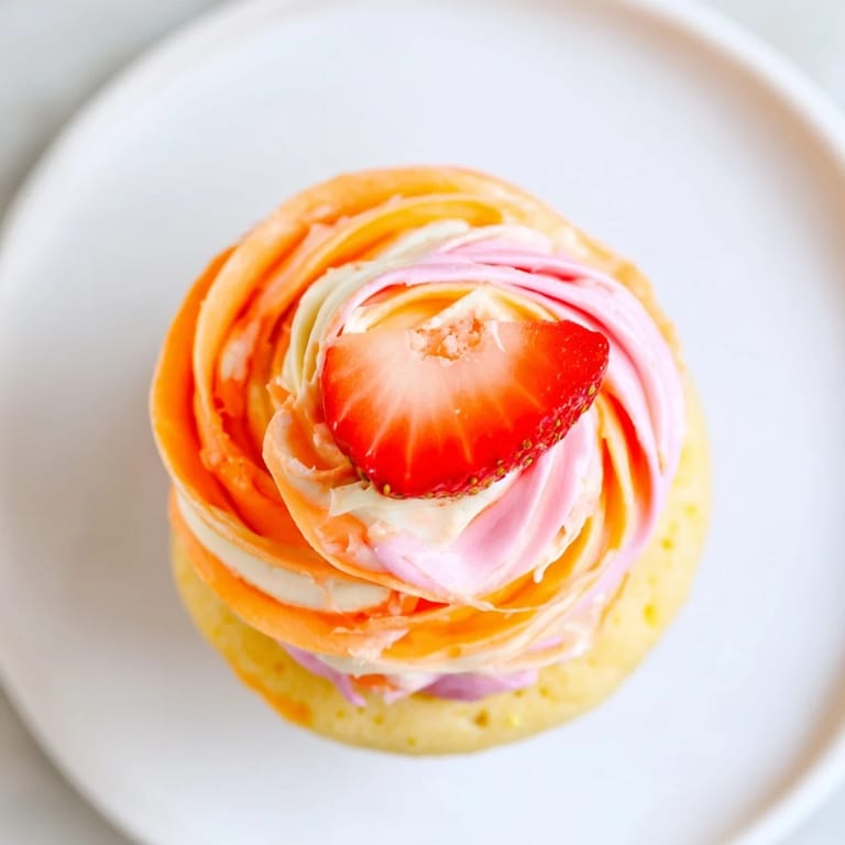 Delicious bite-sized Mango Strawberry Sunset Cupcakes, topped with a beautiful sunset swirl frosting.