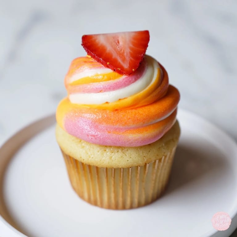 Summer-ready Mango Strawberry Sunset Cupcakes, with vibrant layers and a sweet strawberry jam filling.