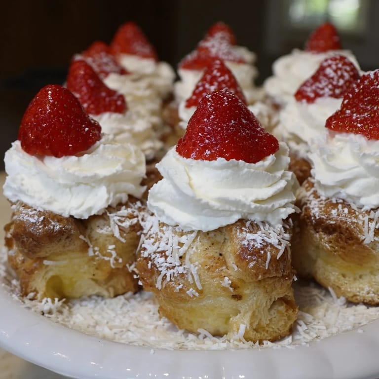 Warm Santa Hat Bread Pudding Bites look delicious, each with a creamy whipped topping and a berry.