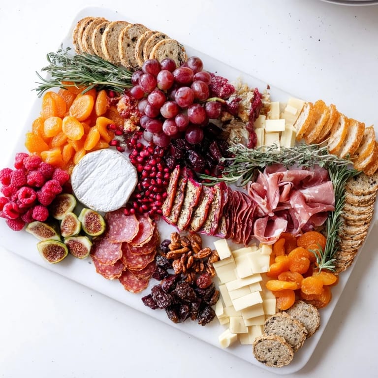 Enjoy a gorgeous holiday spread of a Festive Stocking Charcuterie Board packed with olives, crackers, and fruits for a party.
