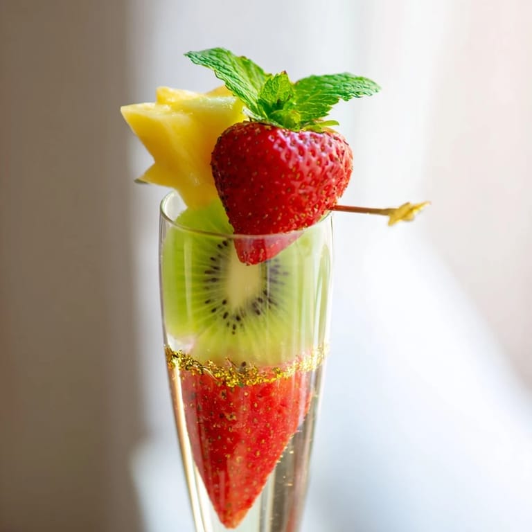 Vibrant arrangement of fruits, crafted into festive garnishes for champagne flutes, adding color.