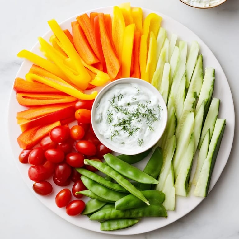 Enjoy a colorful Veggie Platter featuring fresh cucumbers, carrots, peppers and a scrumptious dip for dipping.